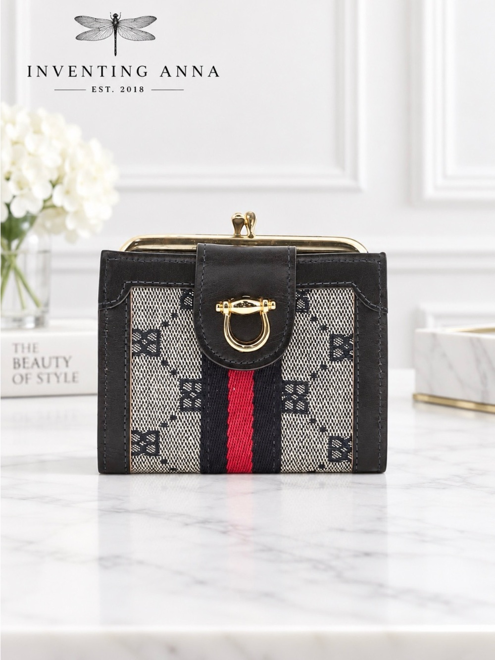 Black & Ivory Woven Stripe Kiss-Lock Wallet Gold Hardware